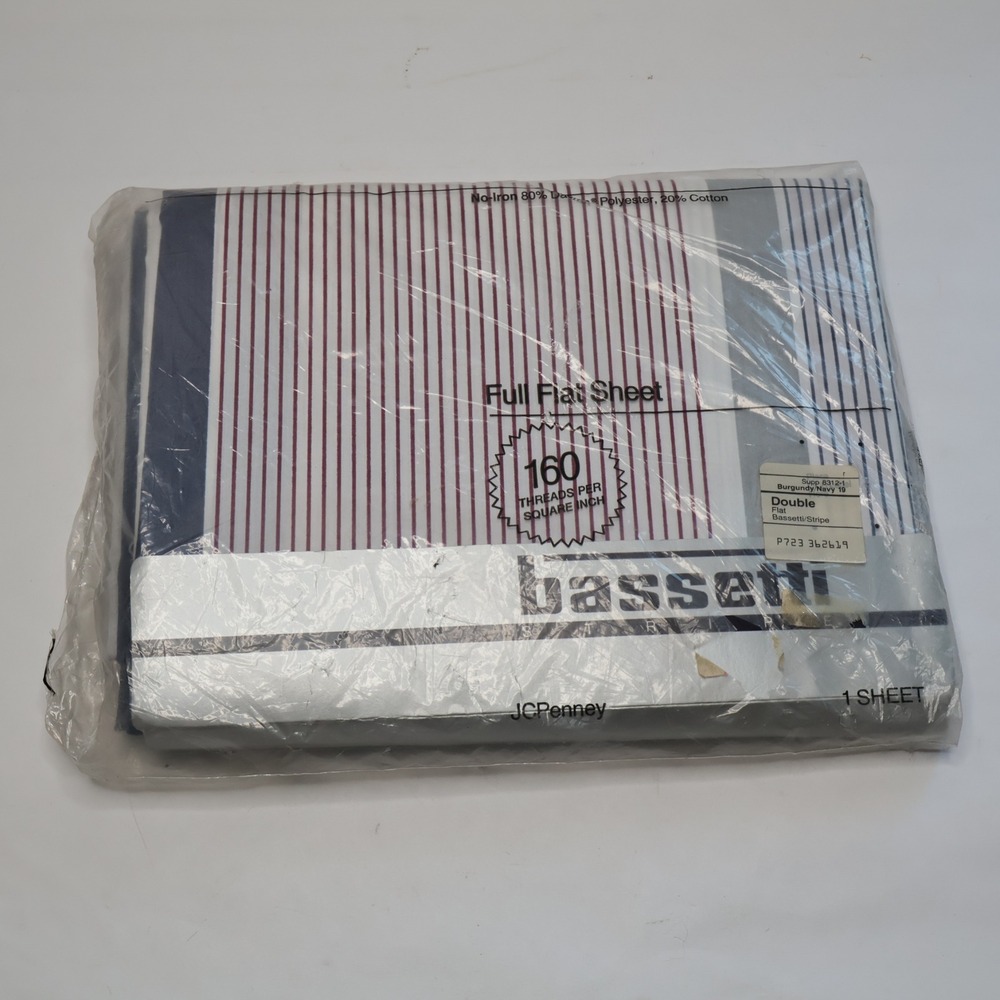 JCPenney Bassetti Flat Sheet Full Double Burgundy Navy White Striped New Vintage